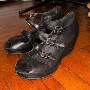 Black Leather buckle Wedge Shoes